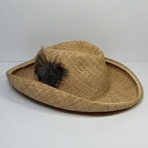 Georgi Vintage Straw Cowboy Hat Tan Feather Accent Wide Brim Western Boho Unisex